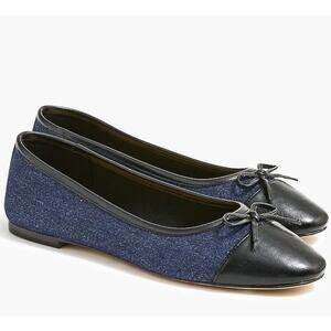 NEW J. Crew Sz 7.5 Tina Cap Toe Denim Ballet Flat Shoes Blue Black Bow CG119